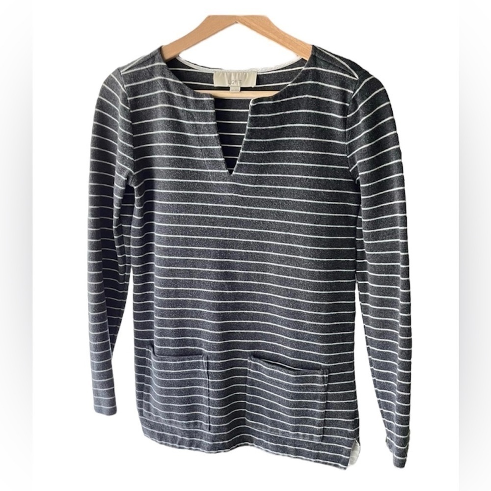LOFT Grey &‎ White Striped Tunic Top with Pockets